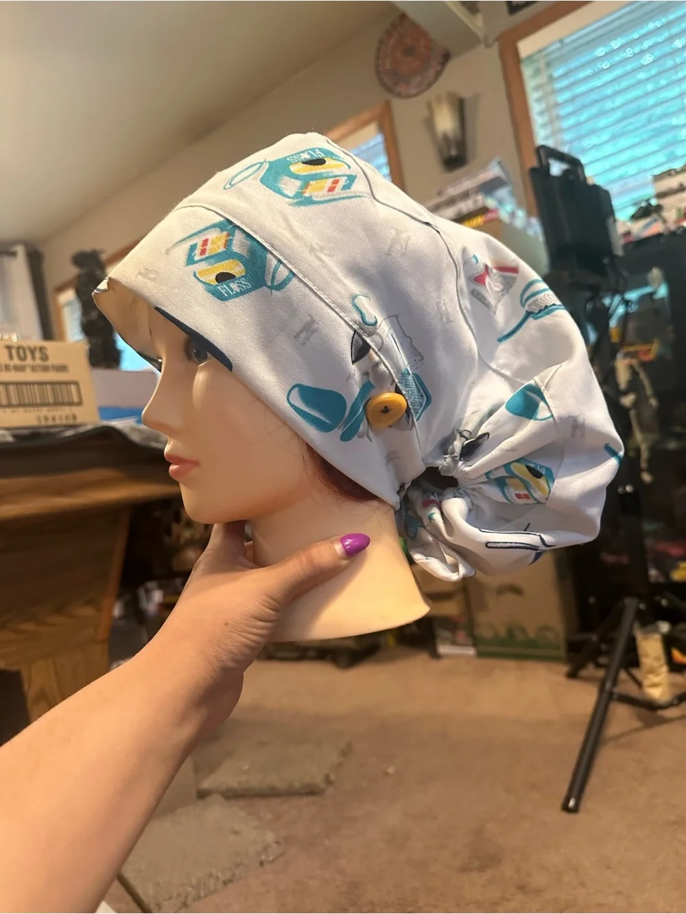 White and Teal Printed Surgical Cap - Scrub Hat